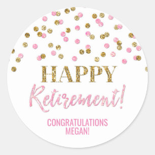 Light Pink Gold Confetti Happy Retirement Classic Round Sticker
