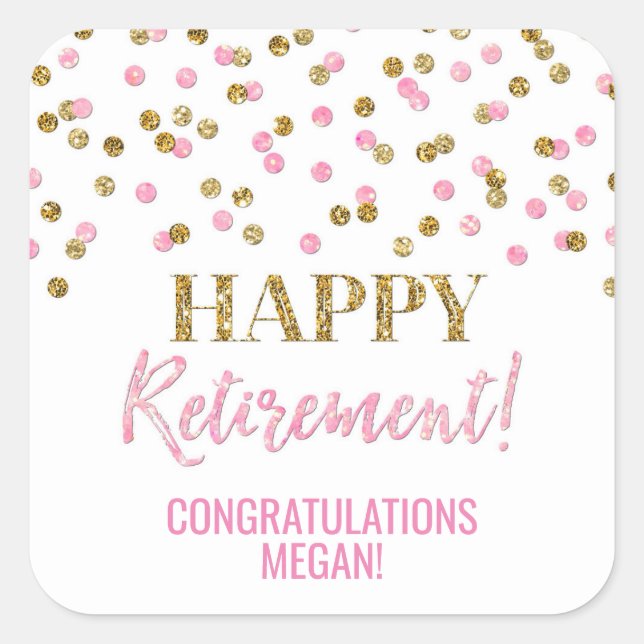 Light Pink Gold Confetti Happy Retirement Square Sticker (Front)