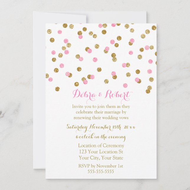 Light Pink Gold Confetti Vow Renewal Invitation (Back)