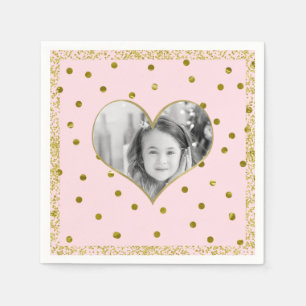 Light Pink Gold Glitter Heart Photo Personalised Napkin