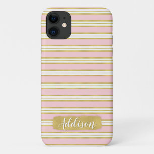 Light Pink Gold Stripe Pattern Custom Name iPhone 11 Case