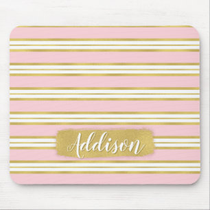 Light Pink Gold Stripe Pattern Custom Name Mouse Mat