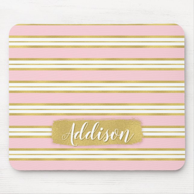 Light Pink Gold Stripe Pattern Custom Name Mouse Mat (Front)