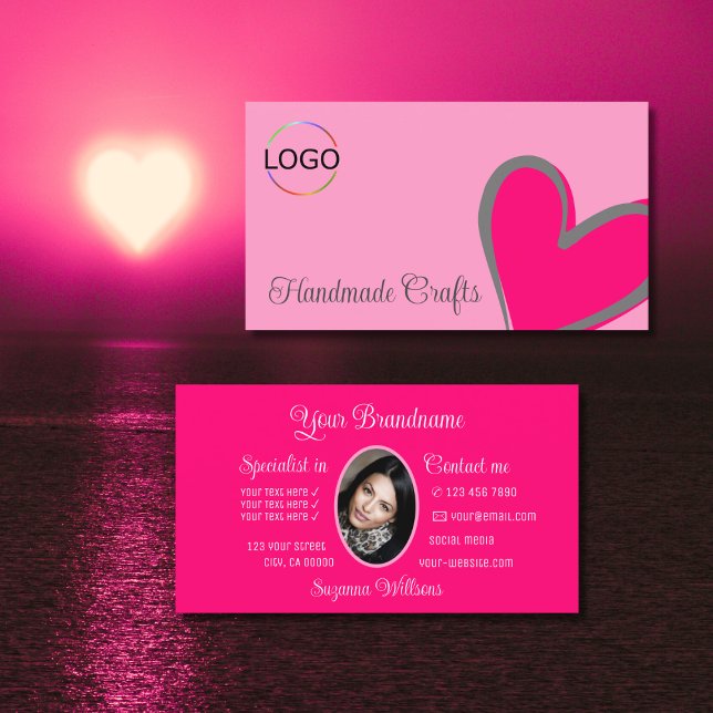 Light Pink Gorgeous Heart with Logo and Photo Cute Business Card (Creator Uploaded)