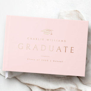 Light pink graduation cap name year school real guest book
