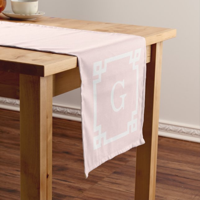 Light Pink Greek Key Frame #2 Initial Monogram Short Table Runner (In Situ)