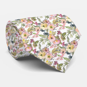 Light pink green yellow water colour flowers tie