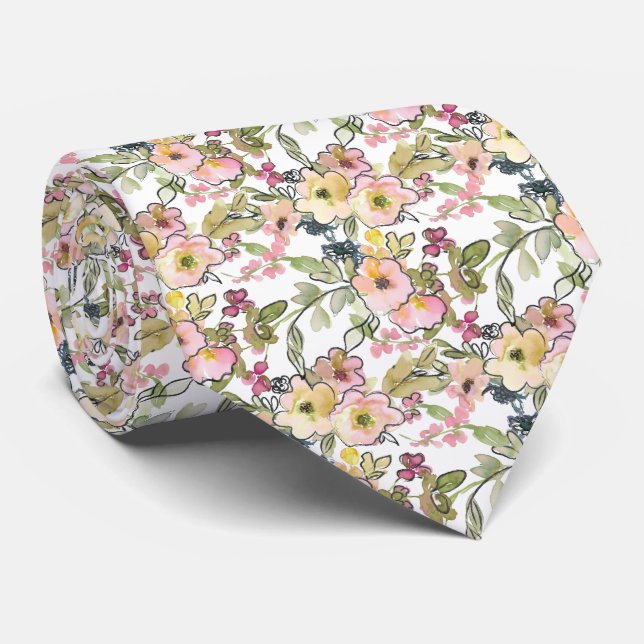 Light pink green yellow water colour flowers tie (Rolled)