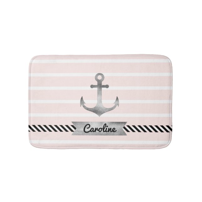 Light Pink Grey Anchor Personalised Bath Mat (Front)
