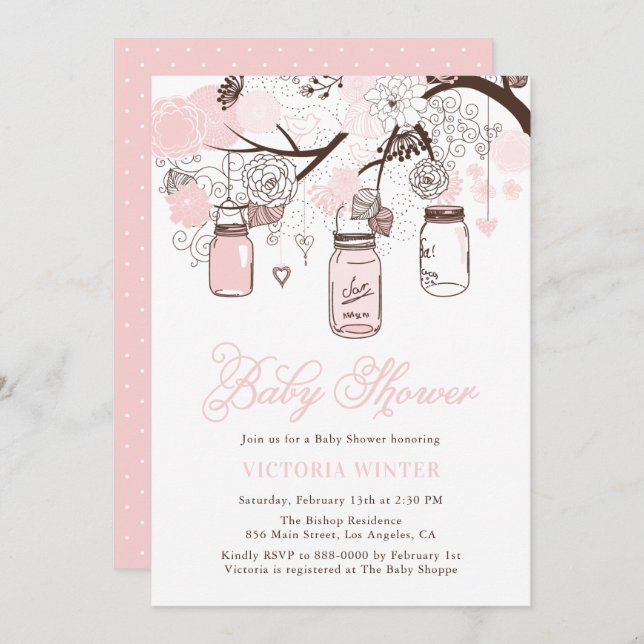 Light Pink Hanging Mason Jars Baby Shower Invitation (Front/Back)
