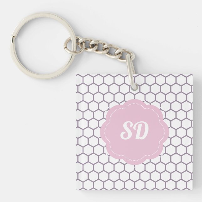 Light Pink Honeycomb Custom Monogram Key Ring (Front)