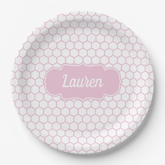 Light Pink Honeycomb Custom Monogram Paper Plate (Front)