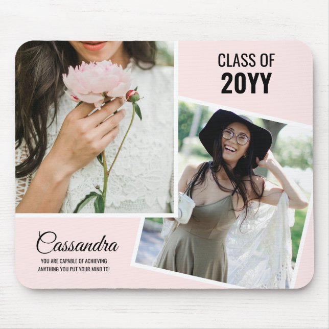 Light Pink Minimalist Two Photo Graduate Mouse Mat (Front)