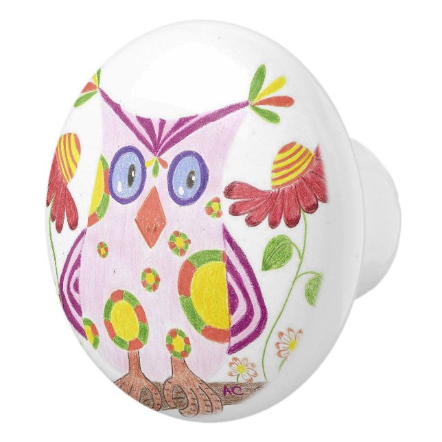 Light pink owl nursery room ceramic knob (Right)