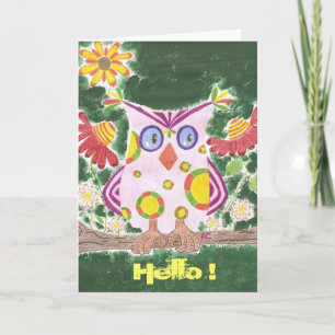 Light pink owl w/green background greeting card