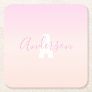 Light Pink & Peach Gradient Ombre Name & Monogram Square Paper Coaster