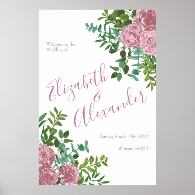 Light Pink Peony & Rose Floral Wedding Poster (Front)