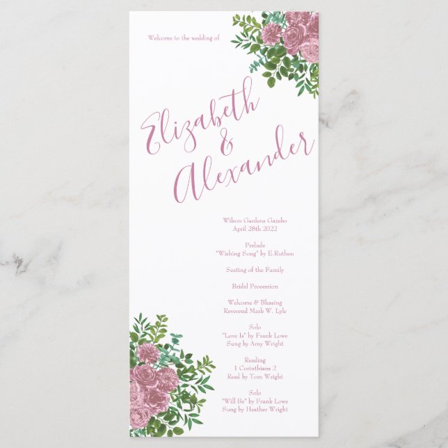 Light Pink Peony & Rose Floral Wedding Programs Menu (Front)