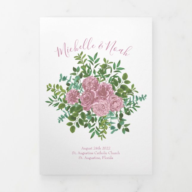 Light Pink Peony & Rose Floral Wedding Programs Tri-Fold Programme (Cover)