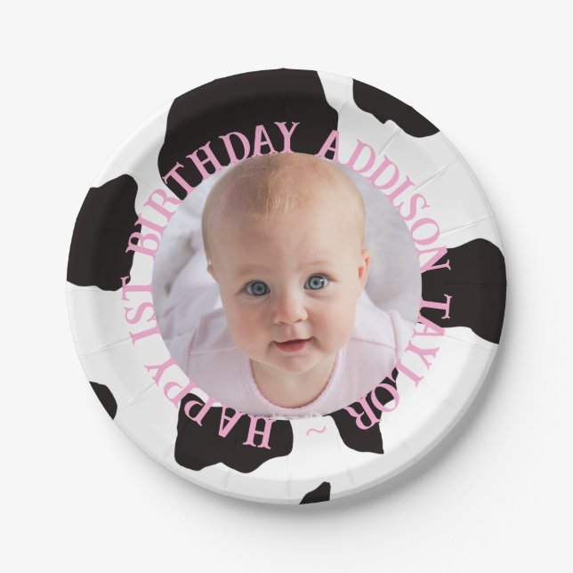 Light Pink Photo Cow Print Cute Birthday Paper Plate (Front)