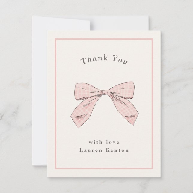 Light Pink Plaid Bow Elegant Baby Shower Thank You Card (Front)