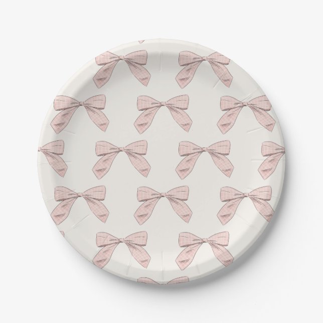 Light Pink Plaid Bow Elegant Girl Baby Shower Paper Plate (Front)