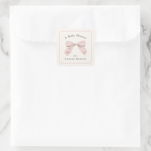 Light Pink Plaid Bow Elegant Girl Baby Shower Square Sticker (Bag)