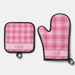 Light Pink Plaid Custom Monogram Initials Ladies Oven Mitt & Pot Holder Set