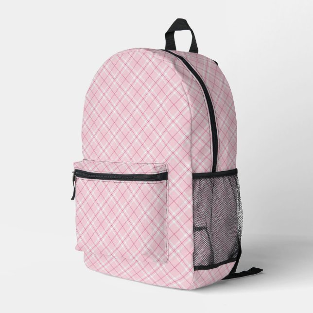 Light Pink Plaid Printed Backpack (Back Corner Right)