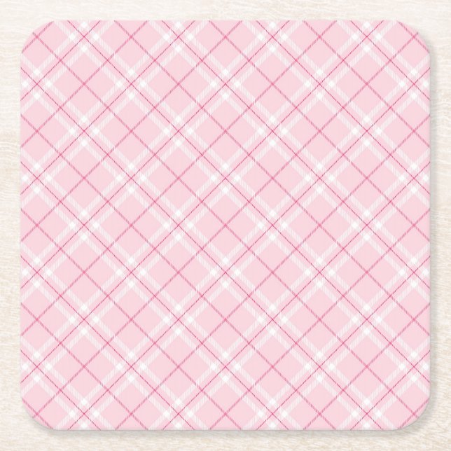 Light Pink Plaid Square Paper Coaster (Front)