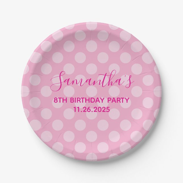 Light Pink Polka Dot 8th Birthday Paper Plate (Front)
