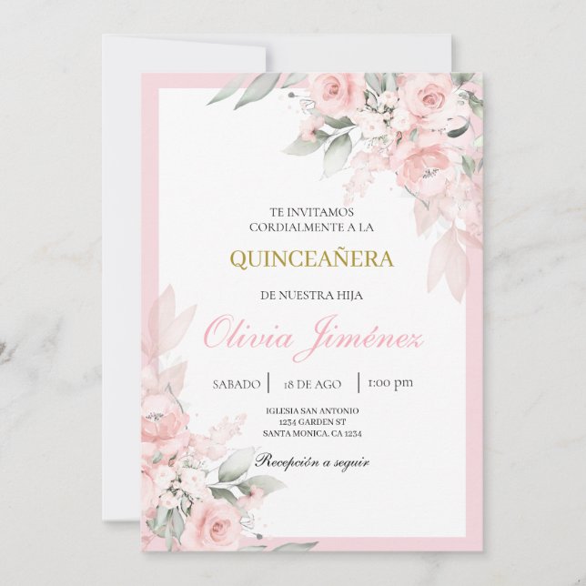 Light pink quinceañera  invitation (Front)