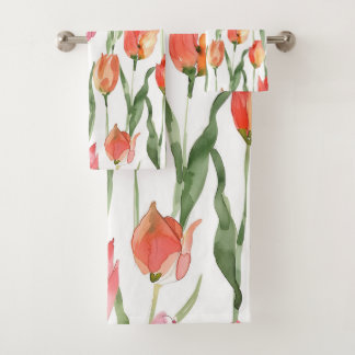 Light pink Red tulip field pattern Bath Towel Set