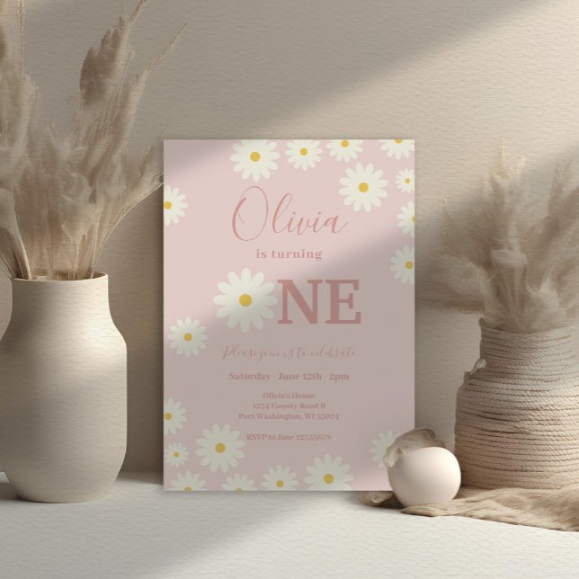 Light Pink Retro Daisy Floral 1st Birthday Party  Invitation (Creator Uploaded)