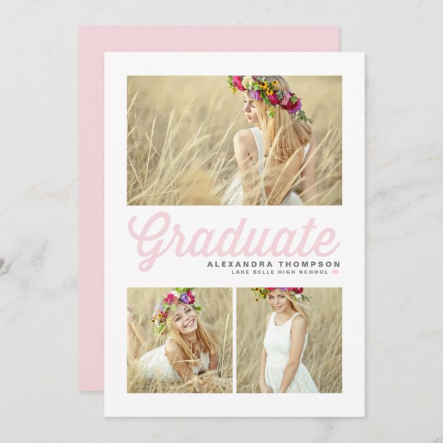 Light Pink Retro Script Three Photo Graduation Invitation (Front/Back)