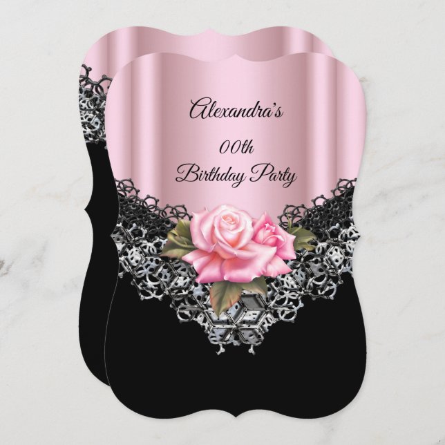 Light Pink Rose Birthday Party Lace Black Silver Invitation (Front/Back)