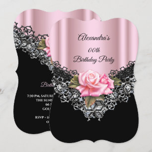 Light Pink Rose Birthday Party Lace Black Silver Invitation