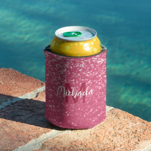 Light pink rose faux sparkles glitter Monogram Can Cooler (In Situ Pool)