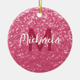 Light pink rose faux sparkles glitter Monogram Ceramic Tree Decoration