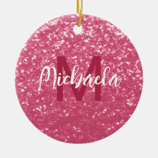 Light pink rose faux sparkles glitter Monogram Ceramic Tree Decoration (Front)