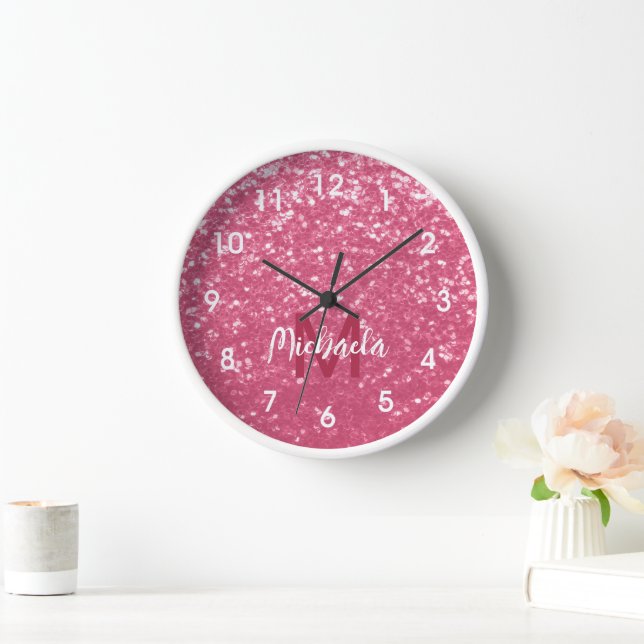 Light pink rose faux sparkles glitter Monogram Clock (Home)