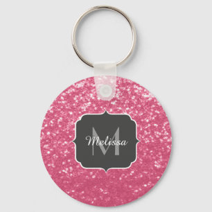 Light pink rose faux sparkles glitter Monogram Key Ring