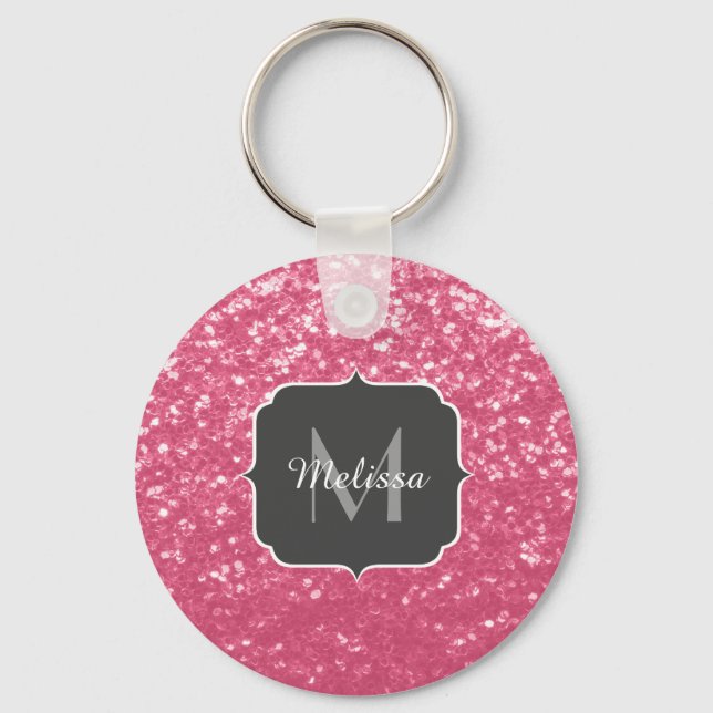Light pink rose faux sparkles glitter Monogram Key Ring (Front)