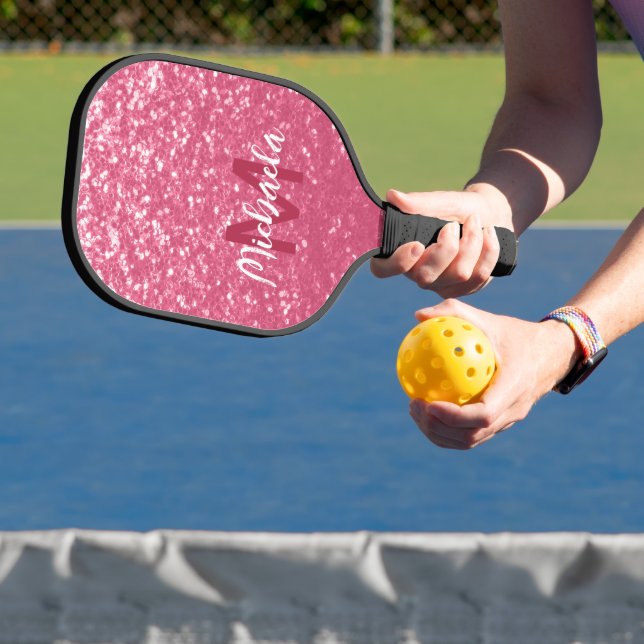 Light pink rose faux sparkles glitter Monogram Pickleball Paddle (Insitu)