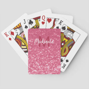 Light pink rose faux sparkles glitter Monogram Playing Cards