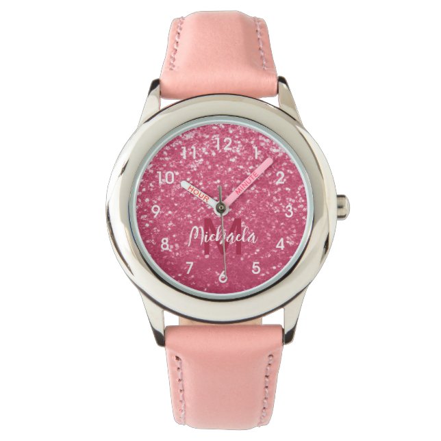 Light pink rose faux sparkles glitter Monogram Watch (Front)
