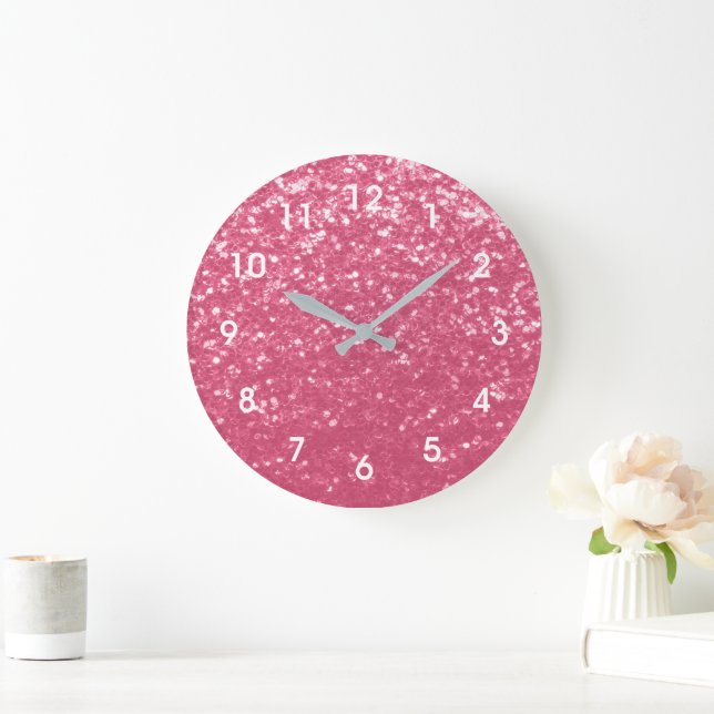 Light pink rose faux sparkles glitter with numbers large clock (Home)