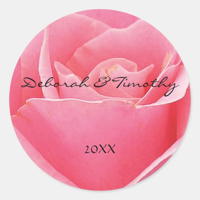 Light Pink Rose Personalised Round Wedding Sticker (Front)