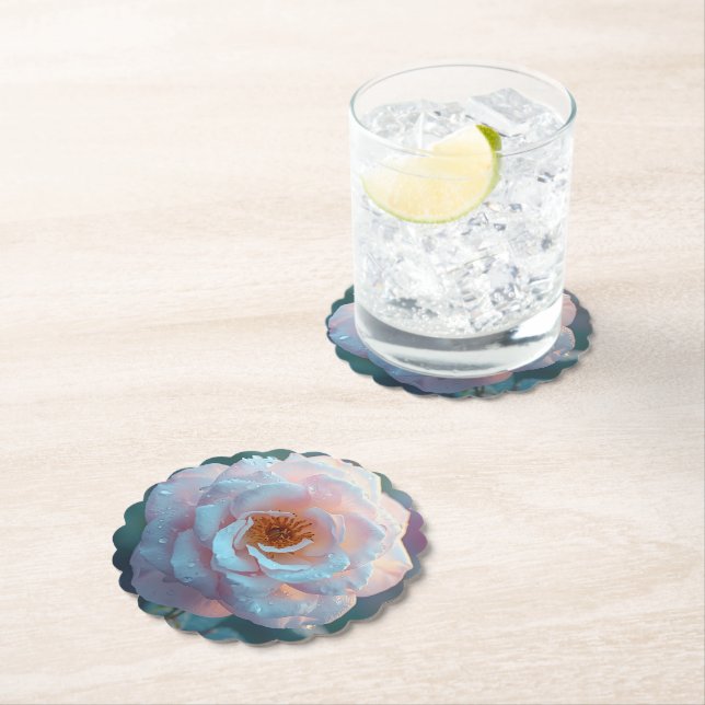 Light Pink Rose With Dew Paper Coaster (Insitu)