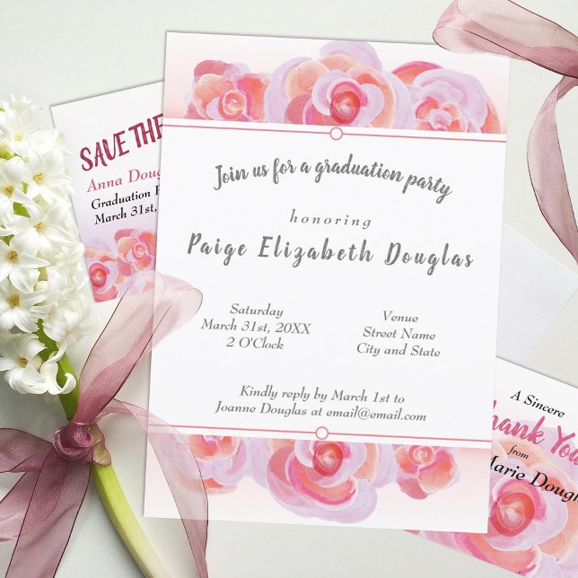 Light Pink Roses Botanical Graduation Party Invitation (dusty peach coral pink floral graduation party invitations for girl spring springtime)
